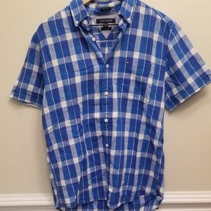 Tommy Hilfiger, Blue and White Plaid Short Sleeve Button Down, Size Medi…